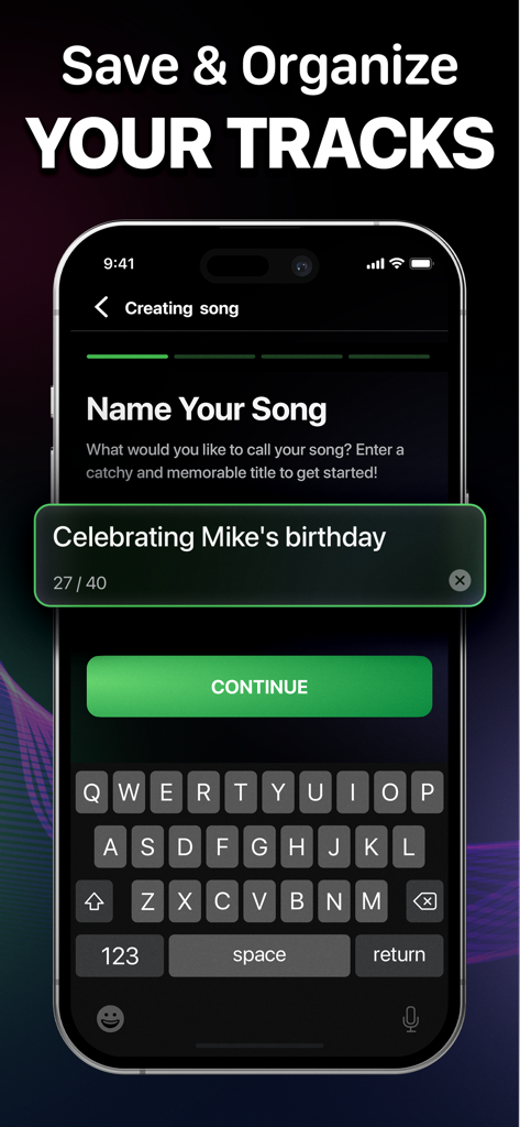 Beatz: AI Song・Cover Generator - Interface of the Beatz app showing the step to name an AI generated song titled Celebrating Mikes birthday