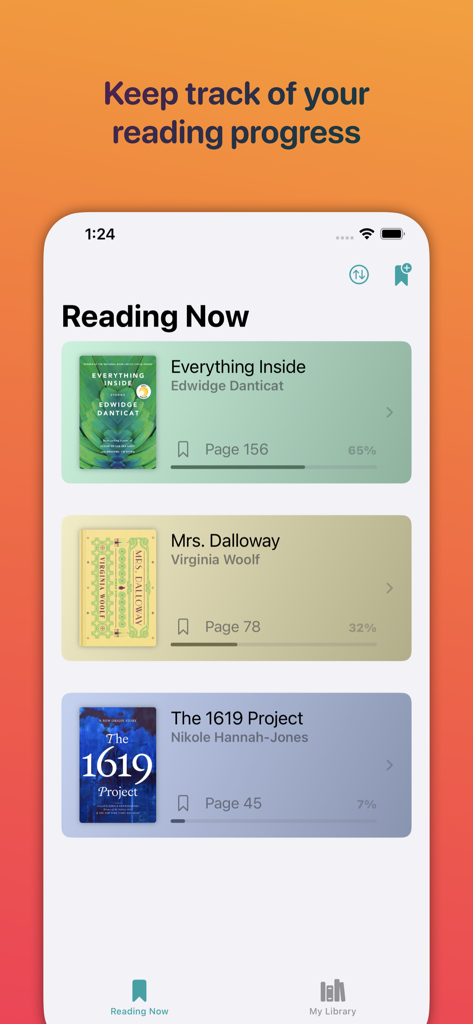Home Library Manager - Leto - Leto app interface displaying reading progress and current pages for several books