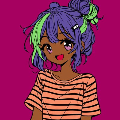 anime girl teenager striped shirt and smile and messy bun