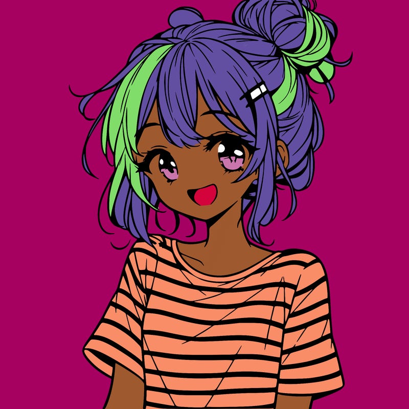 anime girl teenager striped shirt and smile and messy bun
