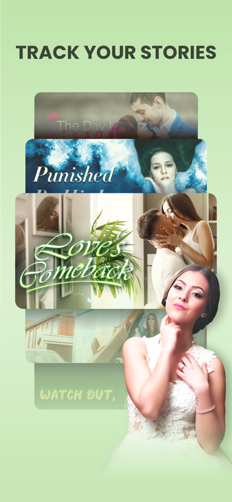 Webfic app feature showing romance novel covers and the text Track Your Stories