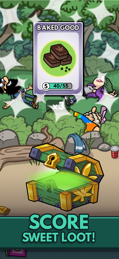 Bud Farm Idle Tycoon game screenshot displaying an open chest and a Baked Good loot card