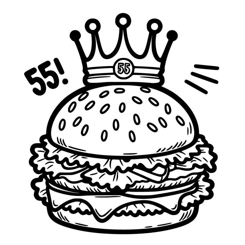 a hamburger with 55 crowns