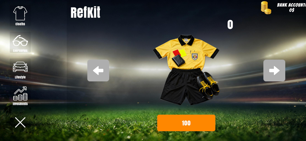 Ref Career : Soccer Simulator - Tienda de Ref Career Soccer Simulator que muestra la personalización de equipación con una camiseta de árbitro amarilla y pantalones cortos negros