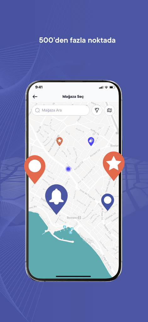 Frink - Kahve Üyeliği - Frink mobile app displaying a map with multiple coffee shop locations and store markers