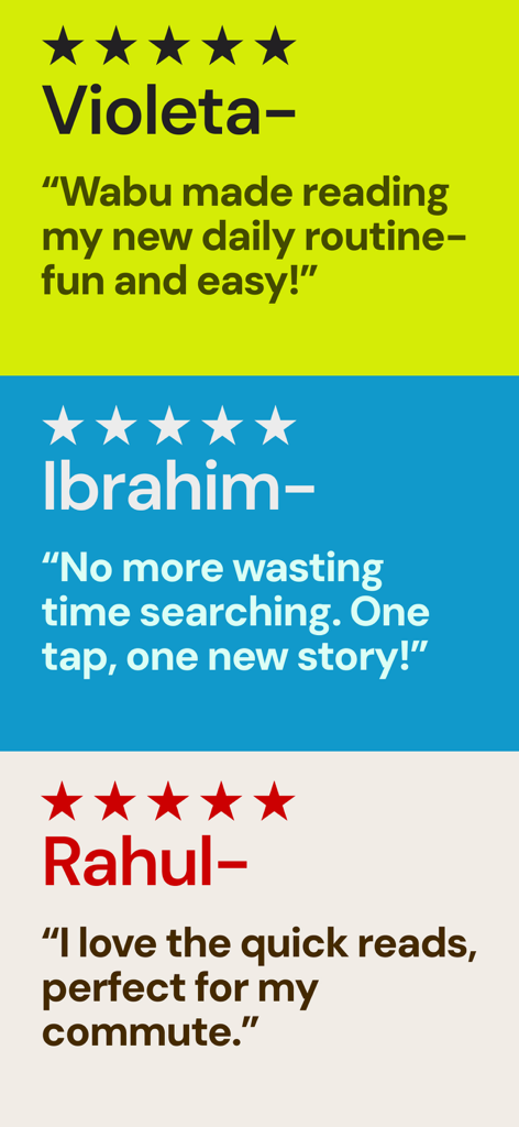 Five-star user reviews for Wabu app highlighting ease of use and quick reading.