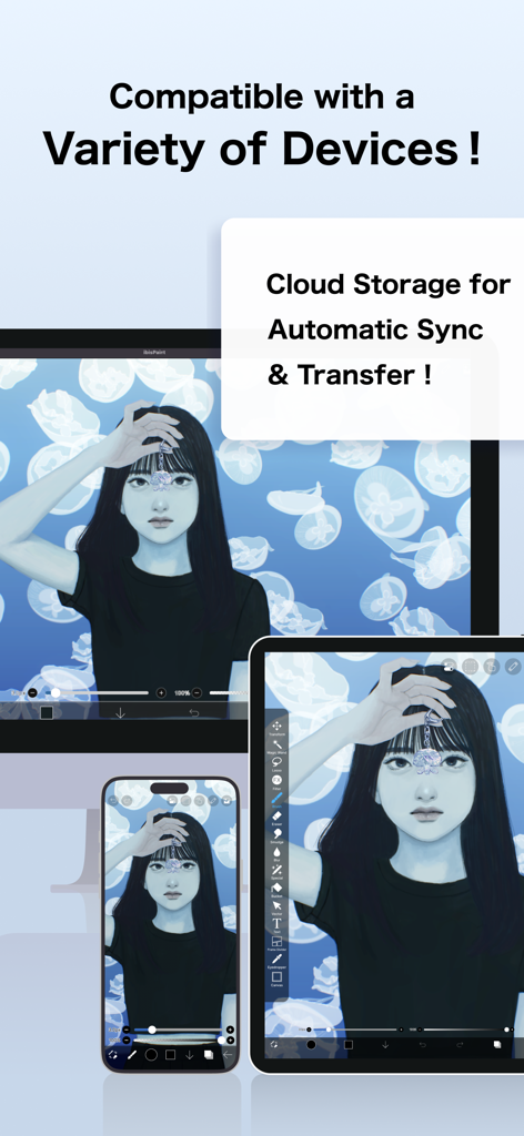 Illustrazione digitale sincronizzata su dispositivi smartphone, tablet e computer utilizzando l'archiviazione cloud di ibis Paint X