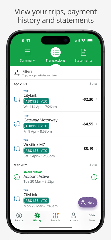 Linkt mobile app interface showing a list of recent toll road trips and transaction details