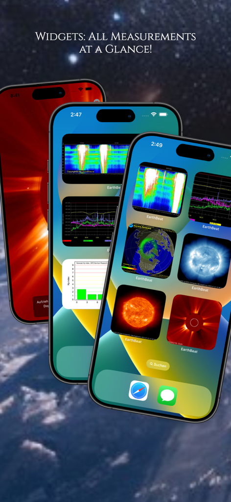 EarthBeat - Schumann Resonance - iPhoneのホーム画面に、シュマン共鳴チャート、オーロラマップ、太陽活動フィード用のさまざまなEarthBeatウィジェットが表示されています。