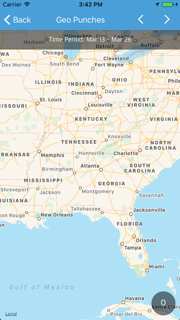 Easy Clocking - Map view showing employee geo punches and location history in the Easy Clocking mobile app