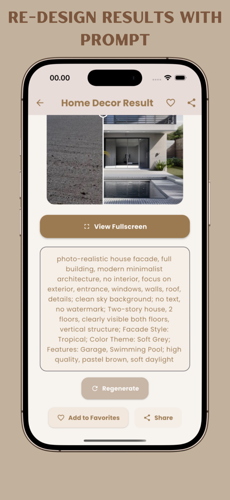 AI Home Design Landscape - AI app interface showing a modern house facade generated from a text prompt