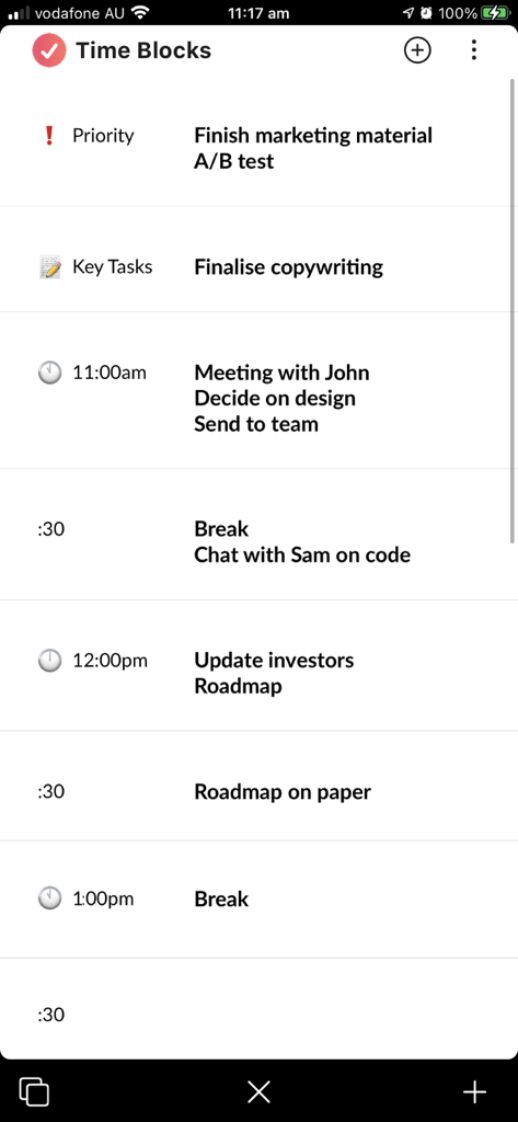 A screenshot of the Inclr app showing a daily time blocks schedule with priorities and meetings.