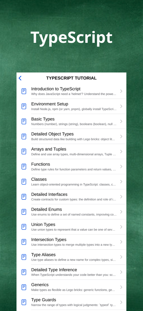 TypeScript tutorial menu in the W3S app listing various programming modules for front-end development