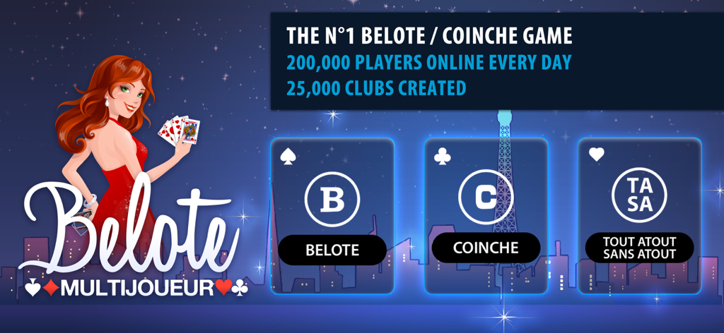 Belote & Coinche Multiplayer - Home screen of Belote and Coinche Multiplayer game showing game modes and player statistics
