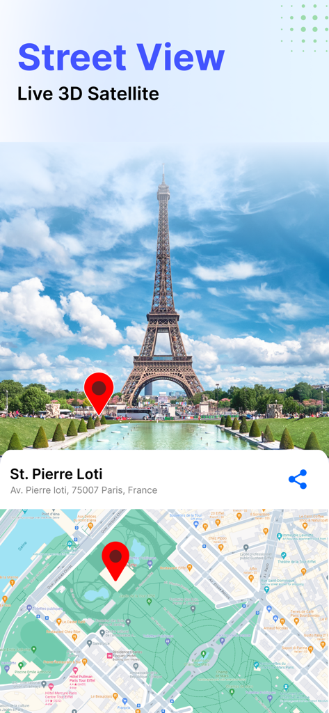 Live Mobile Number Location - Mobile app interface showing a street view image and a 2D map of the Eiffel Tower in Paris