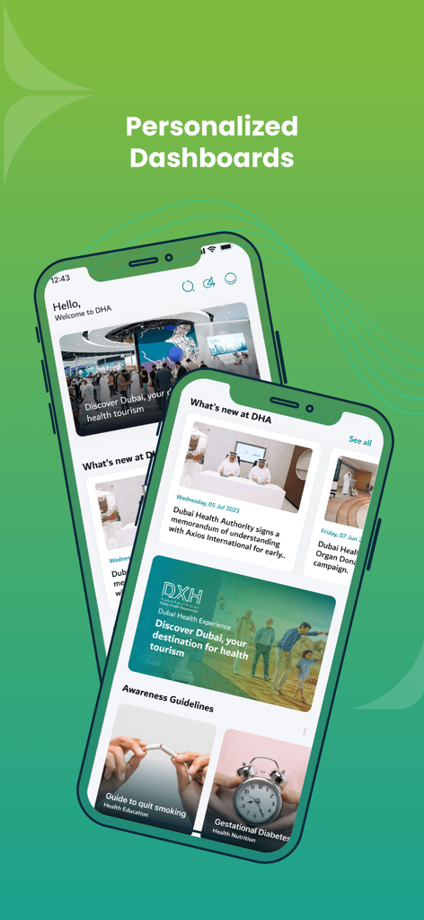 DHA - Two iPhones displaying the DHA app showing personalized health dashboards and health awareness guidelines.