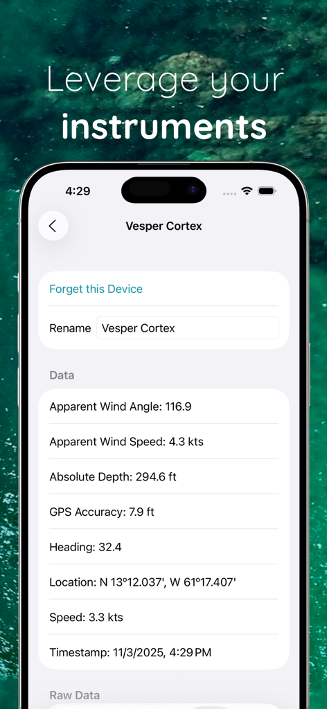 Hooked: Remote Anchor Alarm - Interfaz de la aplicación Hooked que muestra datos integrados de instrumentos de navegación como velocidad del viento y profundidad.