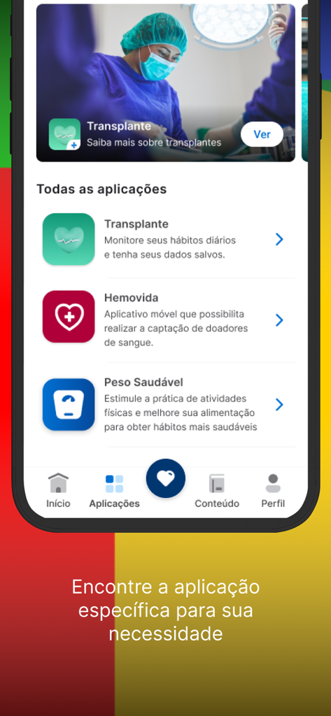 Meu SUS Digital - List of integrated health applications within the Meu SUS Digital app interface showing transplant and blood donation services