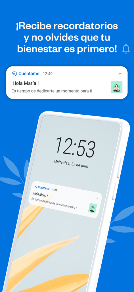 Cuéntame: Bienestar emocional - Tela de smartphone exibindo uma notificação de lembrete de bem-estar personalizada do aplicativo Cuentame
