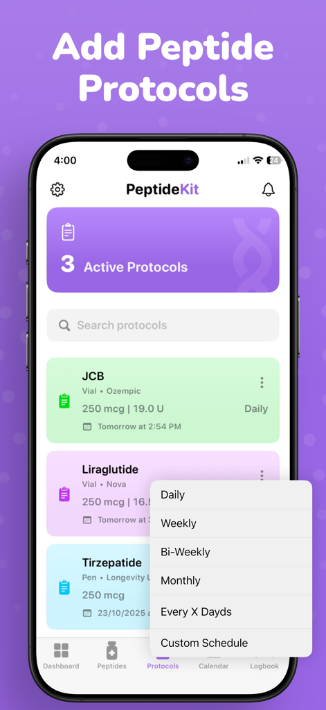 Interface of PeptideKit app showing active peptide protocols and scheduling options