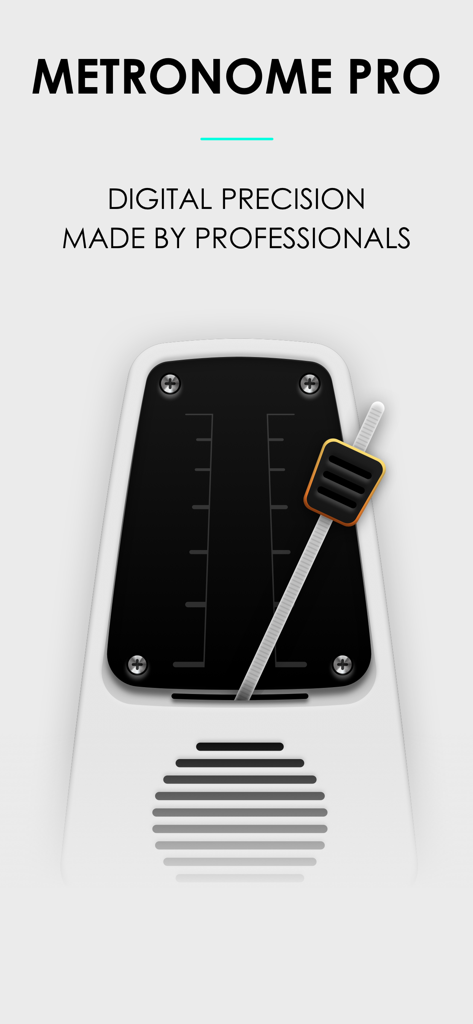 Metronome Pro app splash screen showing a classic mechanical metronome design with the text Digital Precision Made by Professionals