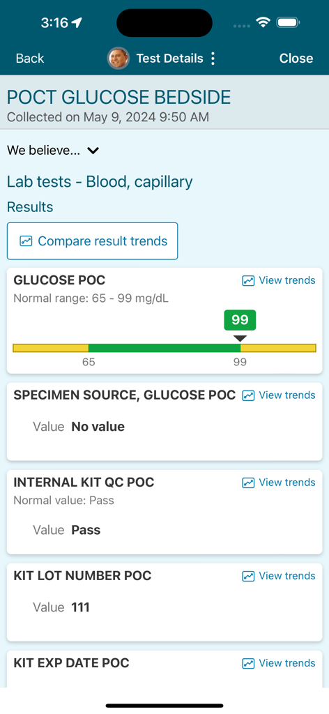 Detailed view of glucose lab test results with normal range indicator in the MyMercy patient portal app