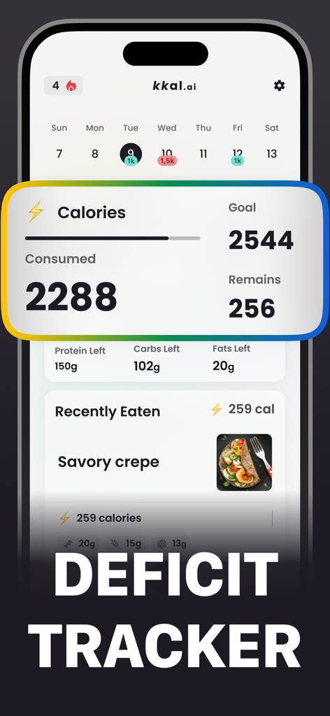 KKAL AI - Calorie Counter - Interfaz de la aplicación KKAL AI mostrando el seguimiento del déficit calórico y los objetivos nutricionales diarios.