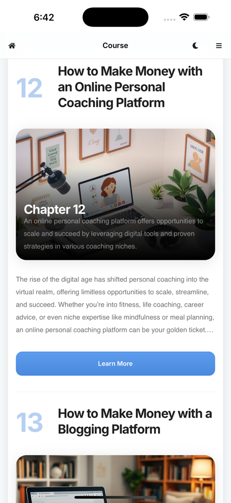 Pantalla de la aplicación móvil mostrando un tutorial sobre cómo ganar dinero a través de una plataforma de coaching personal online.