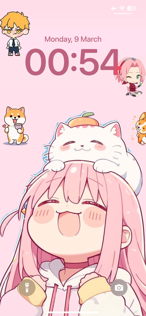 Shimeji Pets on Screen Kawaii - Una pantalla de bloqueo de iPhone personalizada con un fondo de pantalla de una chica anime rosa y personajes shimeji chibi flotantes