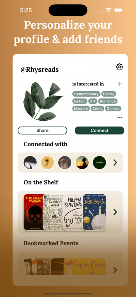 User profile interface on the Bookish app showing reading interests connected friends and a digital bookshelf