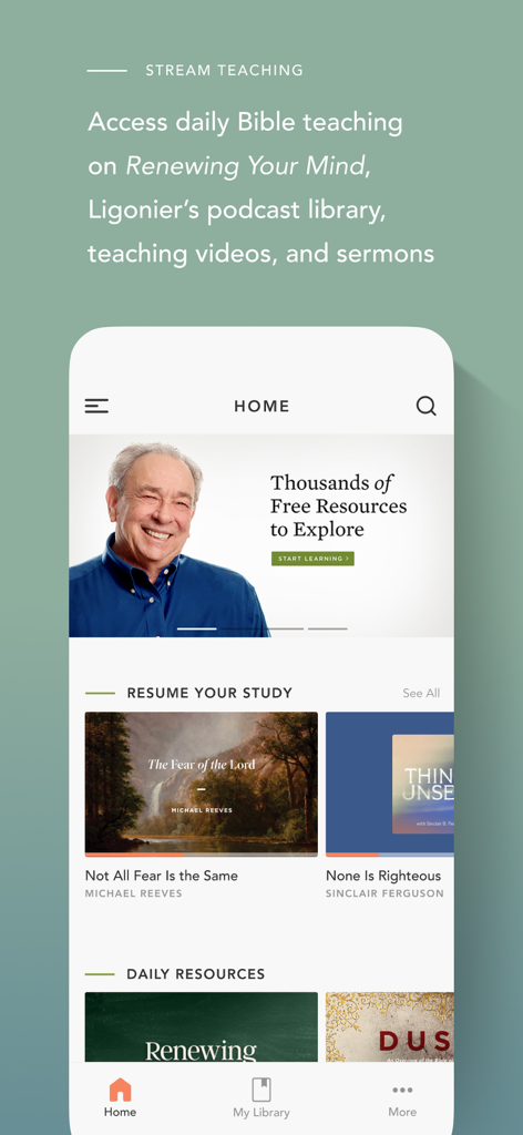 Ligonier Ministries - Ligonier Ministries app home screen featuring theological study series and daily Bible teaching resources