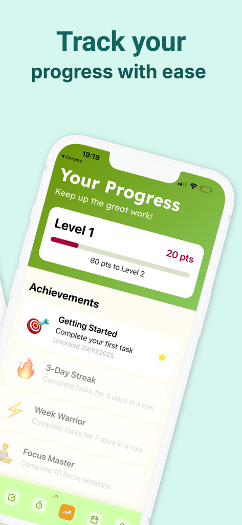 ADHD: Planner & Lifehacks - ADHDプランナーアプリのユーザー進捗画面、ゲーミフィケーションされたレベルとアチーブメントバッジが特徴