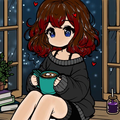 cute anime girl reading book and drinking hot chocolate from mug with loose wavy hair wearing a baggy sweatshirt and shorts sitting by windowsill looking out
