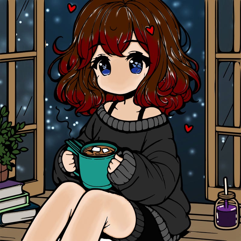cute anime girl reading book and drinking hot chocolate from mug with loose wavy hair wearing a baggy sweatshirt and shorts sitting by windowsill looking out