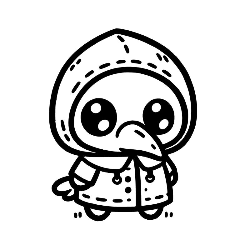 little cute white monster, plague doctor, drawn with thin lines on a white background.