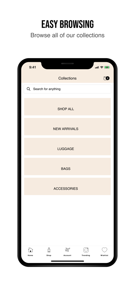 BÉIS - Beis mobile app interface showing luggage and bag collection categories