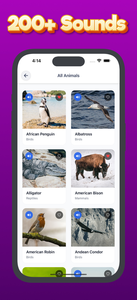Animal Sounds & Bird Noises - Interface of the Animal Sounds and Bird Noises app showing a grid of animals with HD photos and sound play buttons