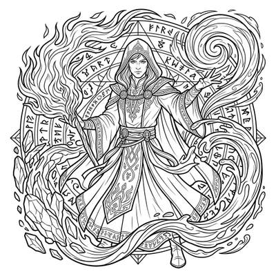 Dive into a world of magic with this stunning Elemental Mage coloring page. Explore the intricate details of a powerful spellcaster manipulating fire, water, earth, and air, offering a captivating challenge for all fantasy art enthusiasts.
