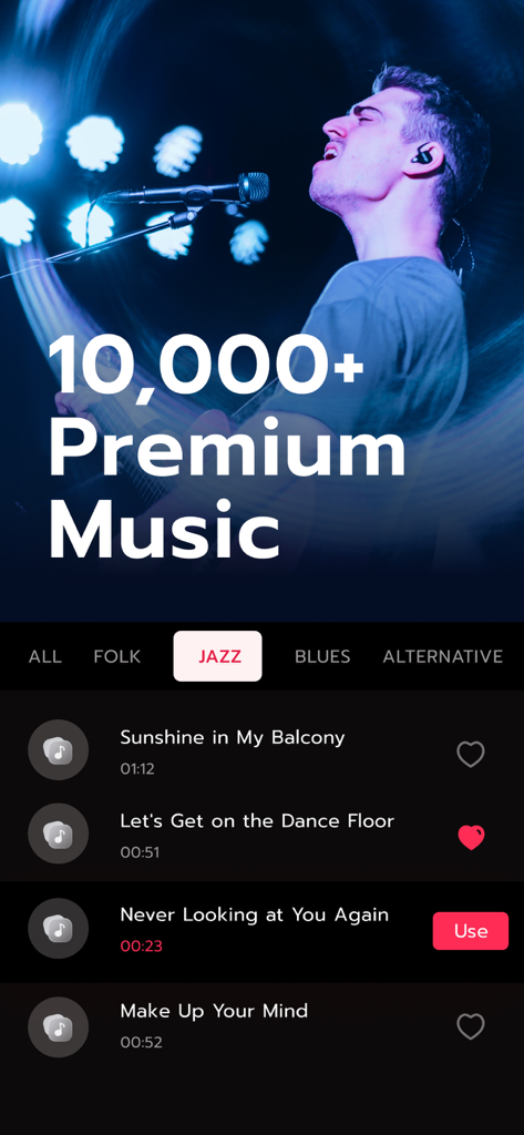 App interface showing a selection of over 10,000 premium royalty free music tracks for video editing.