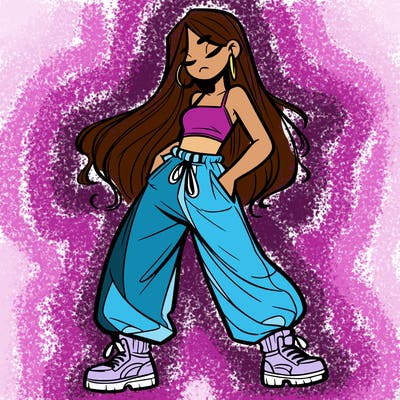girl in baggy pants crop top and long hair