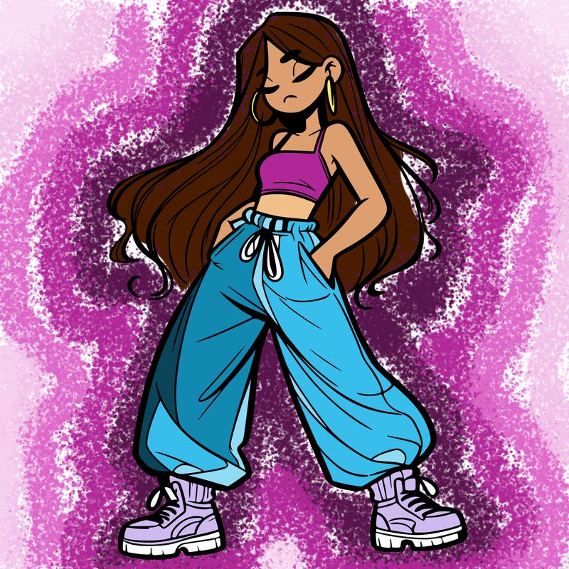 girl in baggy pants crop top and long hair