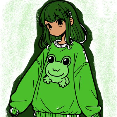 girl wearing frogging sweatshirt