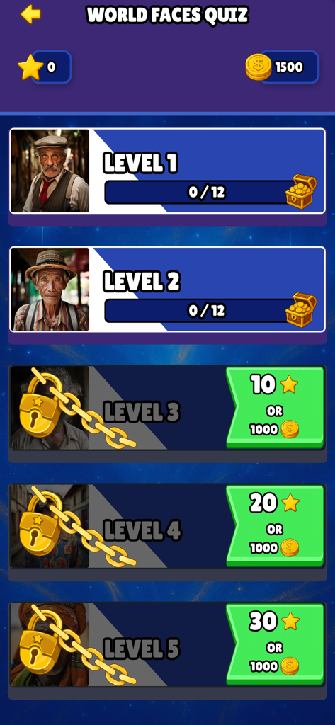 Quiz: What Country Am I From? - Level selection menu for the World Faces Quiz showing unlocked and locked levels with star and coin requirements.