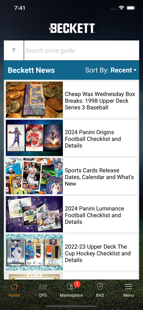 Beckett Mobile - Beckett Mobileアプリのホーム画面には、最新のスポーツカードニュースとチェックリストが表示されます。