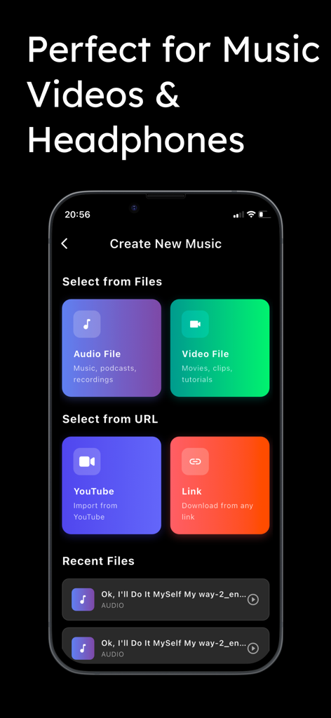 Volume Booster Speaker Booster - Interfaz de la aplicación que muestra opciones para importar archivos de audio y video desde el almacenamiento del dispositivo o YouTube para mejorar el volumen.