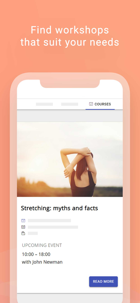 Fitssey - Fitssey mobile app screen showing a workshop titled Stretching myths and facts with schedule and instructor details