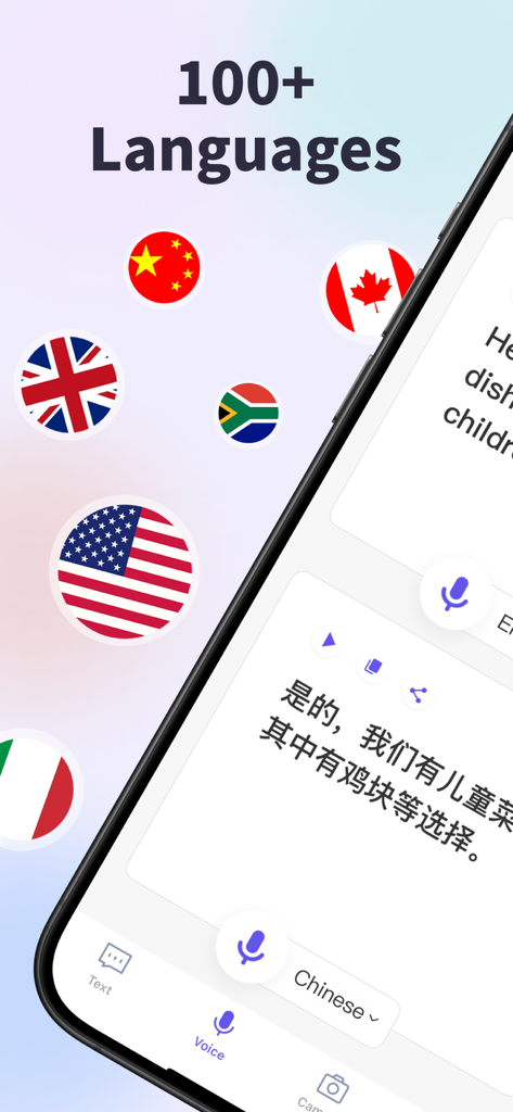 Translate・Camera Translator - La interfaz de la aplicación Translate Camera Translator muestra traducción de voz en chino y soporte para más de 100 idiomas con banderas nacionales