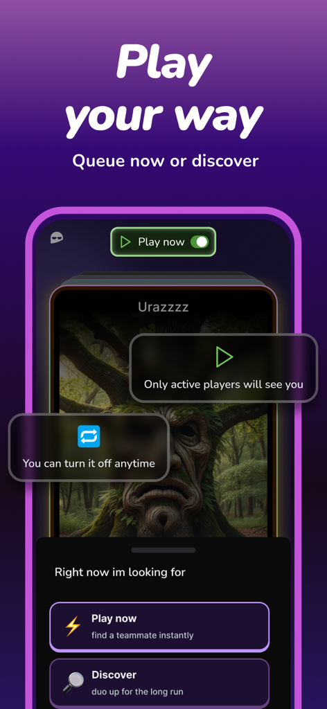 Gankster Duos - Gankster Duos app screen displaying Play Now and Discover options for finding gaming partners