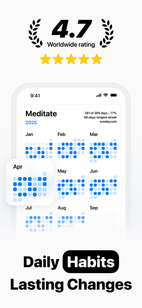 Habit Tracker - Evoday - Interfaz de la aplicación rastreadora de hábitos Evoday mostrando una cuadrícula anual de hábitos de meditación con una calificación mundial de 4.7 estrellas
