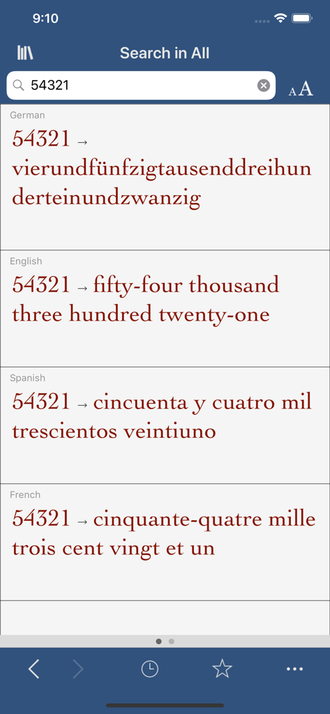 Ultralingua - Ultralingua app showing the number 54321 translated into full written text in German English Spanish and French